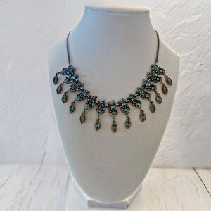 Hollycraft 1950 Vintage Blue Turquoise Rhinestone Fringe Necklace 16” Gold Tone